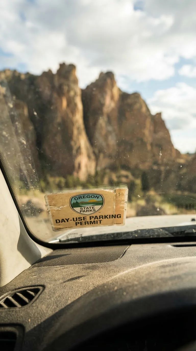 Oregon State Parks day-use permit on car dashboard with Smith Rock visible through windshield