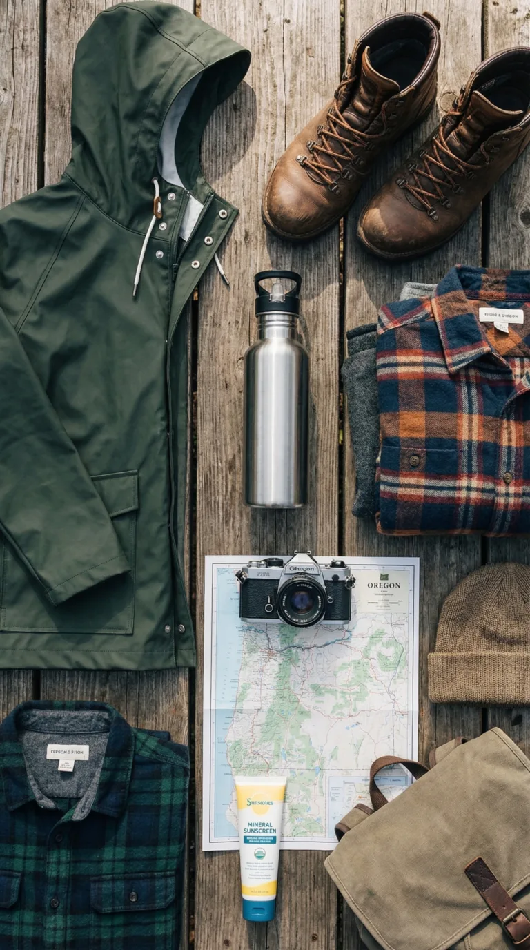 Oregon travel packing essentials flat lay with rain jacket hiking boots and layers