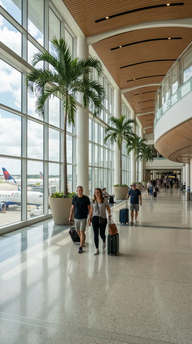 Orlando International Airport modern terminal interior with travelers and natural light