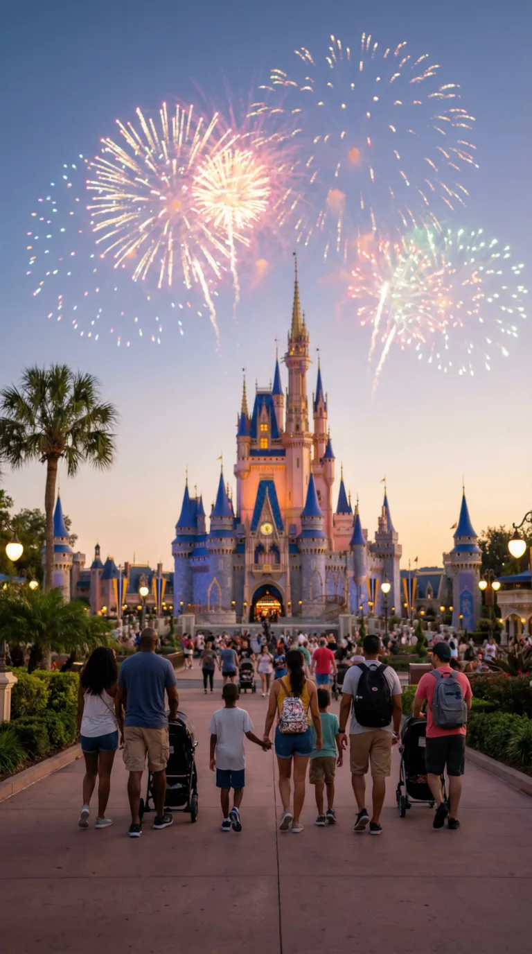 Orlando theme park castle with evening fireworks, a popular day trip from Cocoa Beach