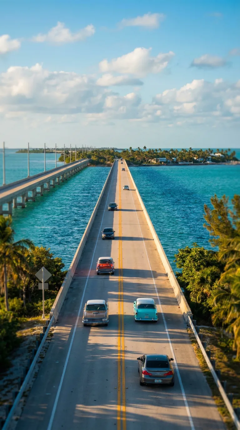 Overseas Highway bridge approaching Key West over turquoise Florida Keys waters