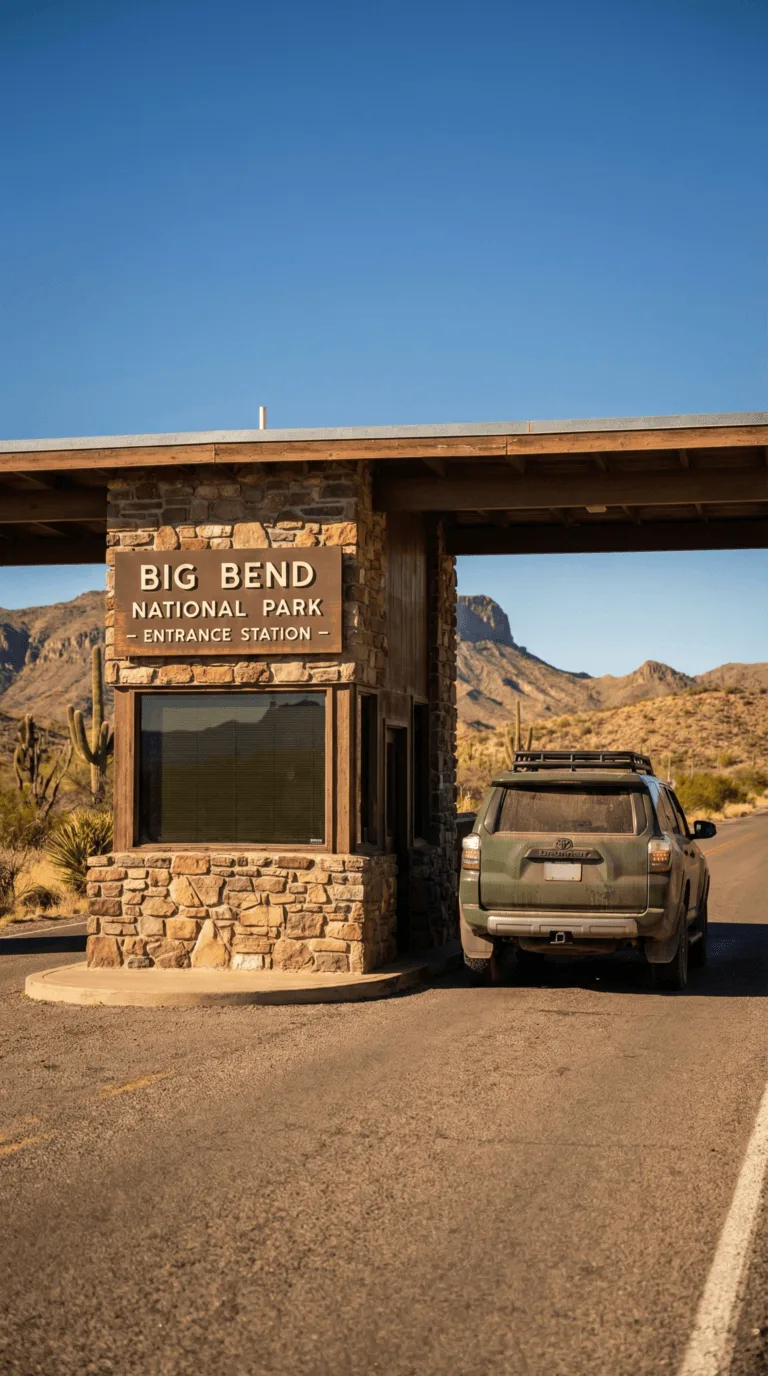 Park entrance sign and visitor center building at Big Bend National Park entrance