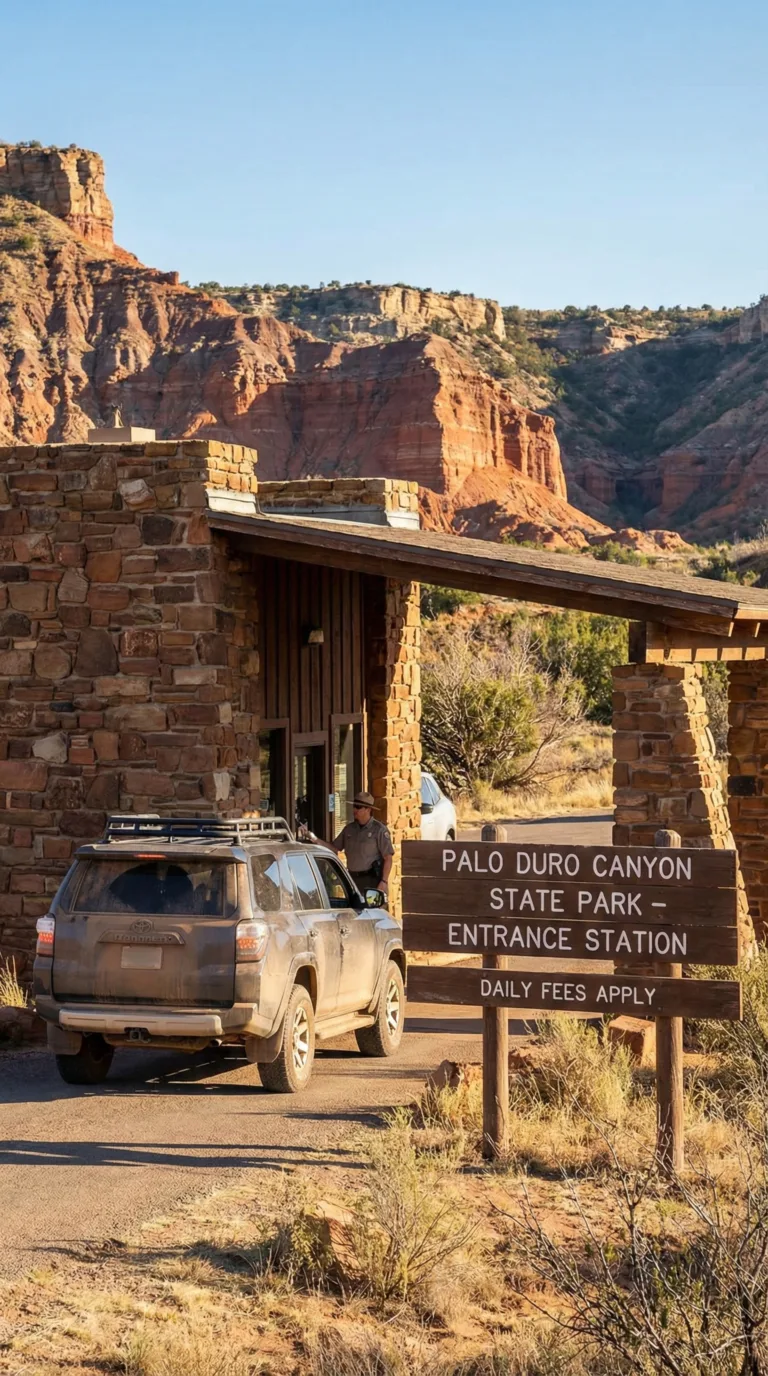 Park entrance station at Palo Duro Canyon State Park with fee information and canyon views