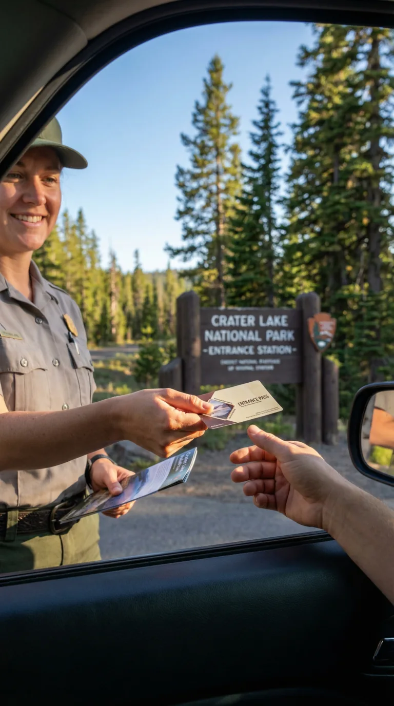 Park ranger handing entrance pass to visitor at Crater Lake National Park entrance station