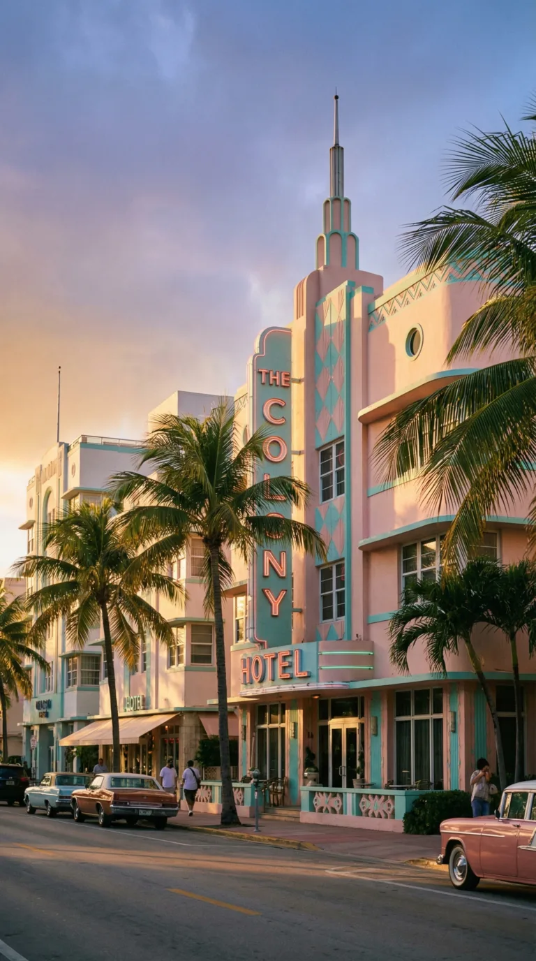 Pastel Art Deco hotel on Ocean Drive Miami Beach with palm trees and vintage architecture