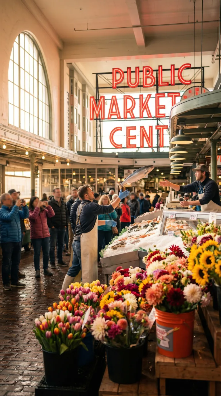Pike Place Market interior with colorful flower stalls and famous fish market vendors