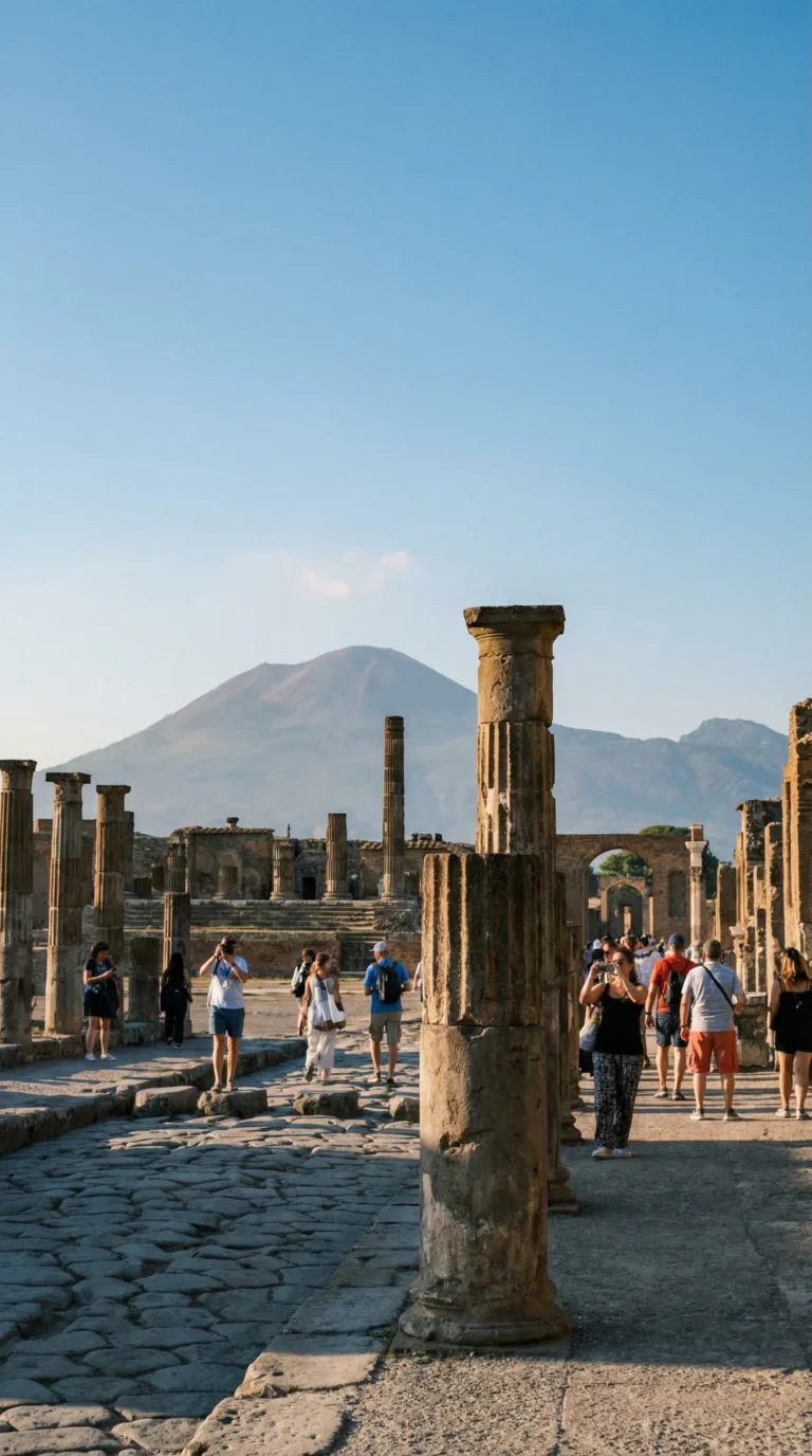 Pompeii ruins with Mount Vesuvius volcano in background Italy