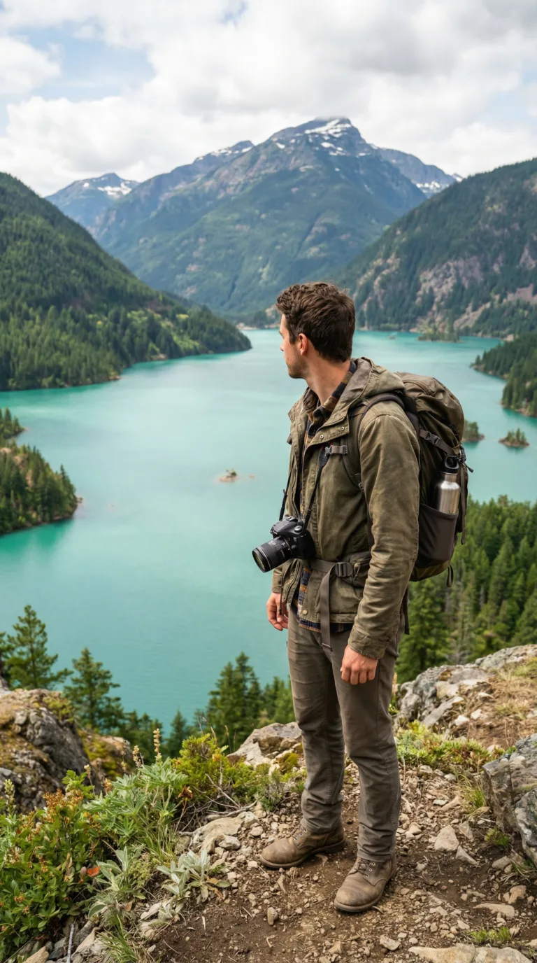 Prepared hiker enjoying Diablo Lake views with proper gear and layers