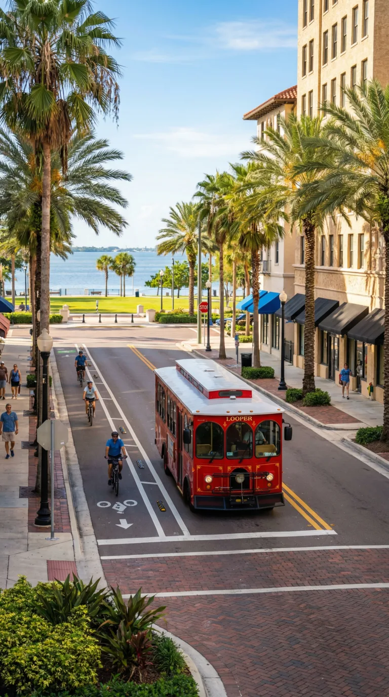 Public trolley and bike lanes on palm-lined street in downtown St. Petersburg Florida