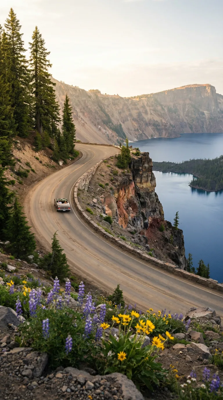 Rim Drive scenic road winding along Crater Lake's caldera edge with blue water below