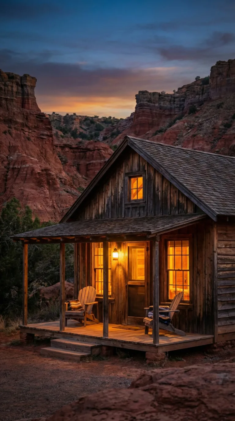 Rustic cabin accommodation at Palo Duro Canyon State Park with canyon views at sunset