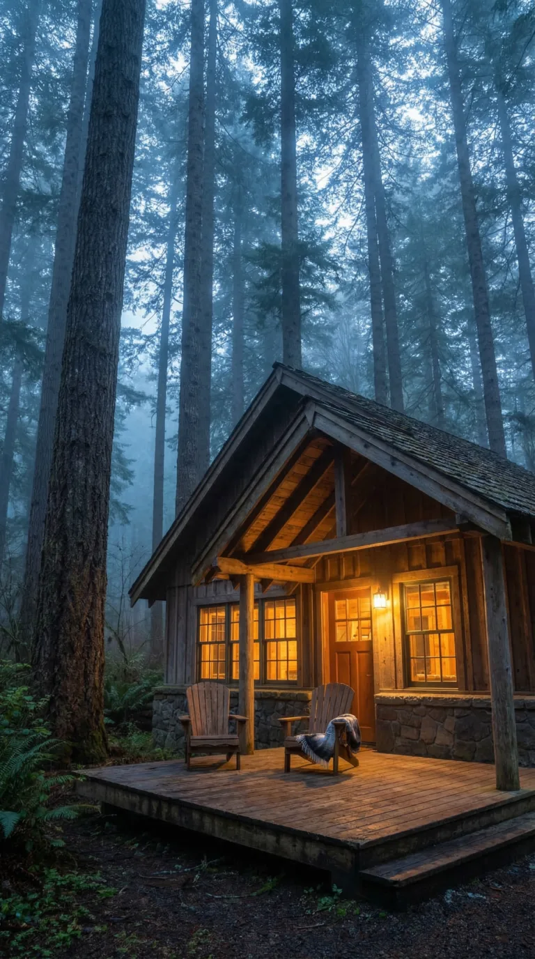 Rustic cabin at Smith Creek Village Silver Falls State Park surrounded by forest at dusk