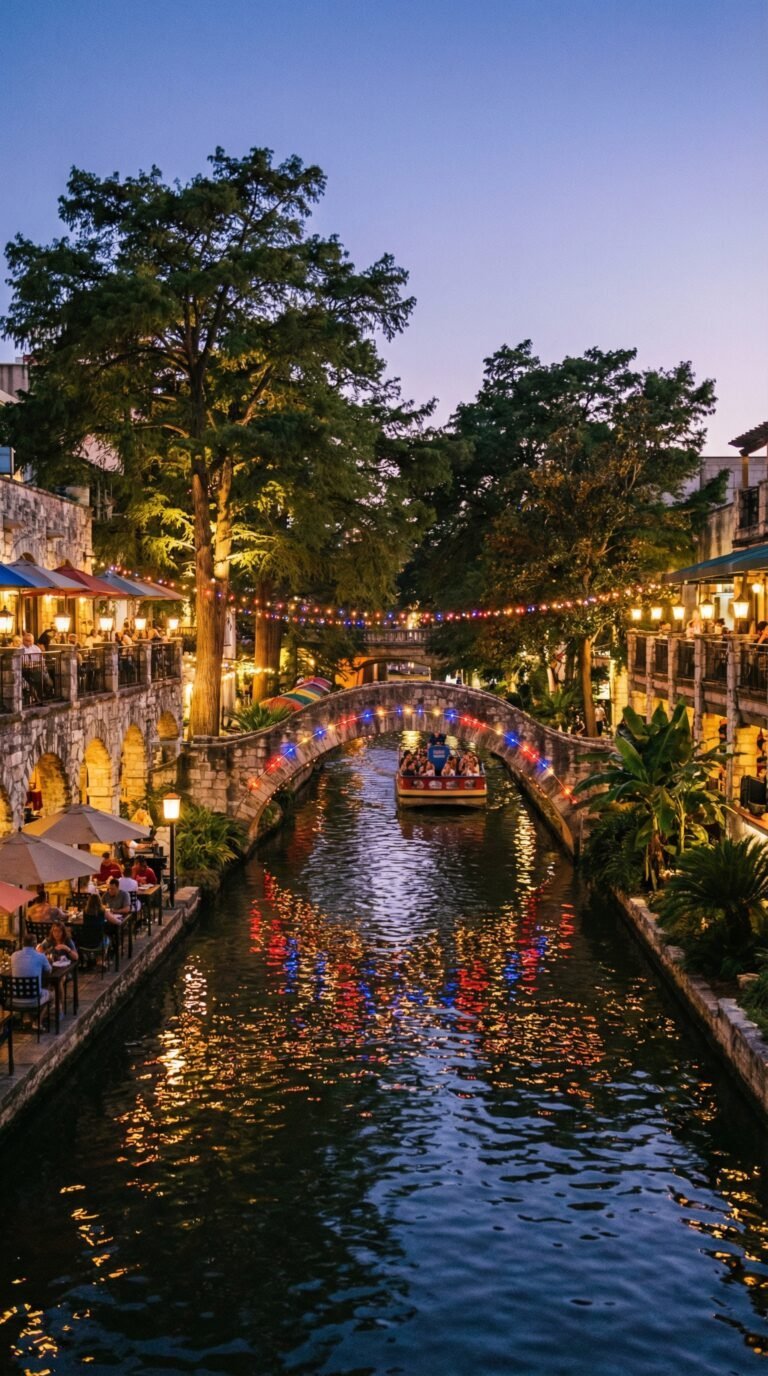 San Antonio River Walk at twilight with lights and restaurants