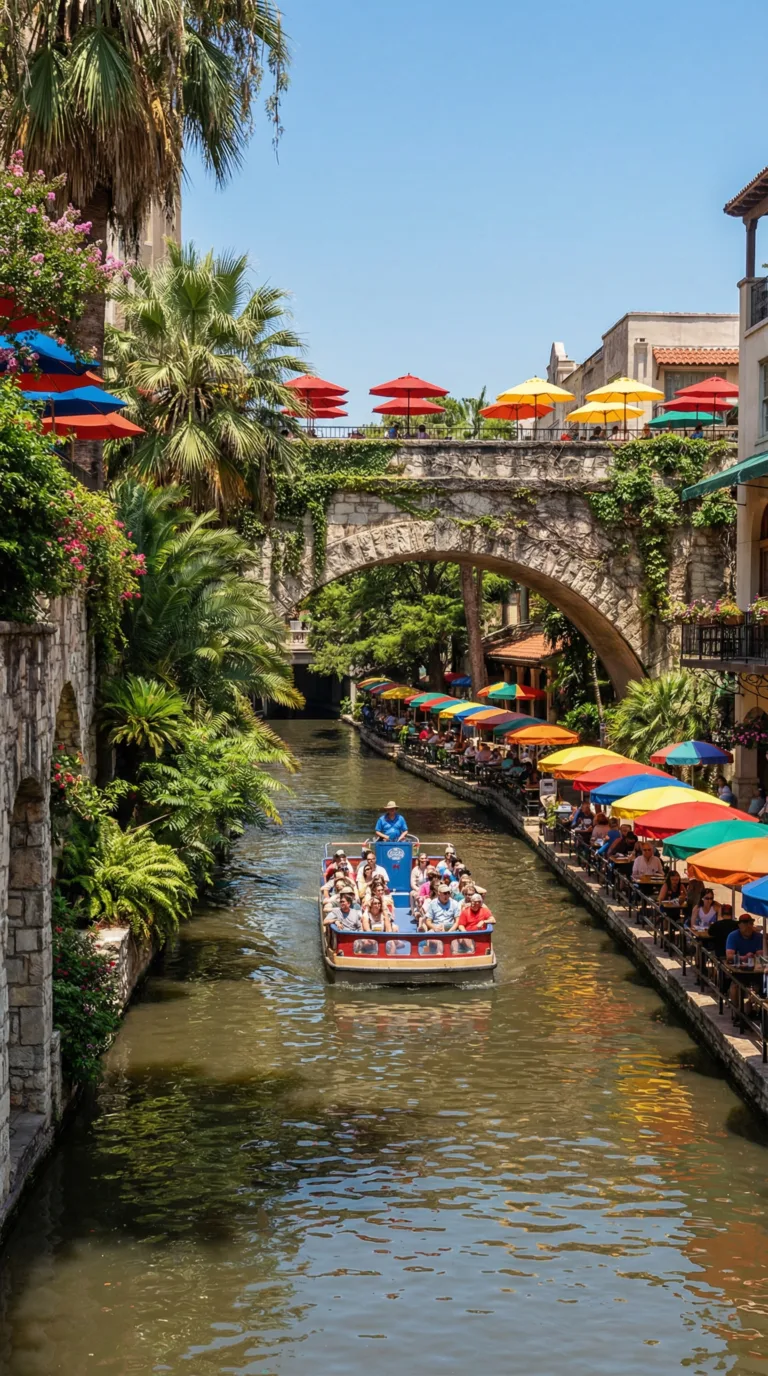 San Antonio Riverwalk boat tour passing under historic bridge with restaurants lining the waterway