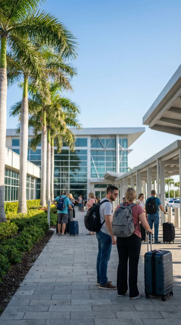 Sarasota Bradenton International Airport terminal with palm trees and travelers