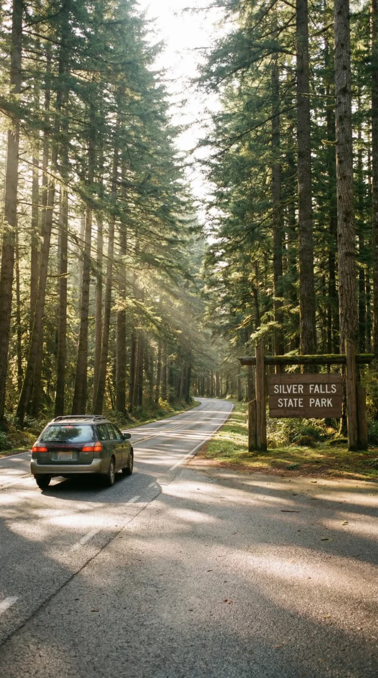 Scenic forest highway leading to Silver Falls State Park entrance in Oregon Cascade foothills