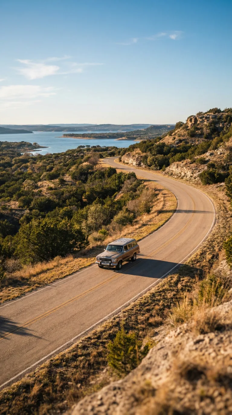 Scenic highway drive approaching Possum Kingdom Lake through Texas hill country