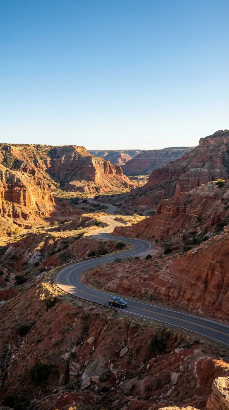 Scenic winding road descending into Palo Duro Canyon State Park with red rock formations
