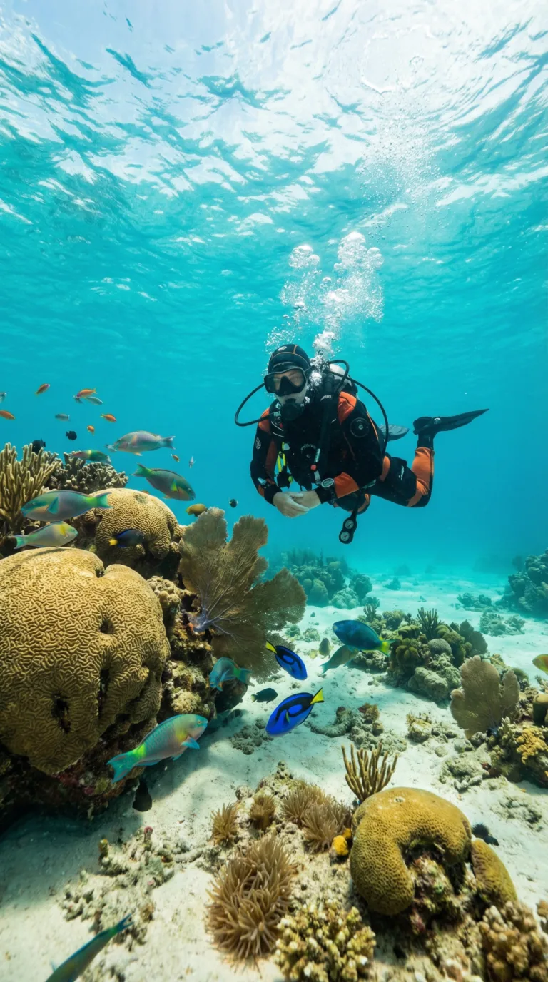 Scuba diver exploring colorful coral reef with tropical fish in Florida Keys