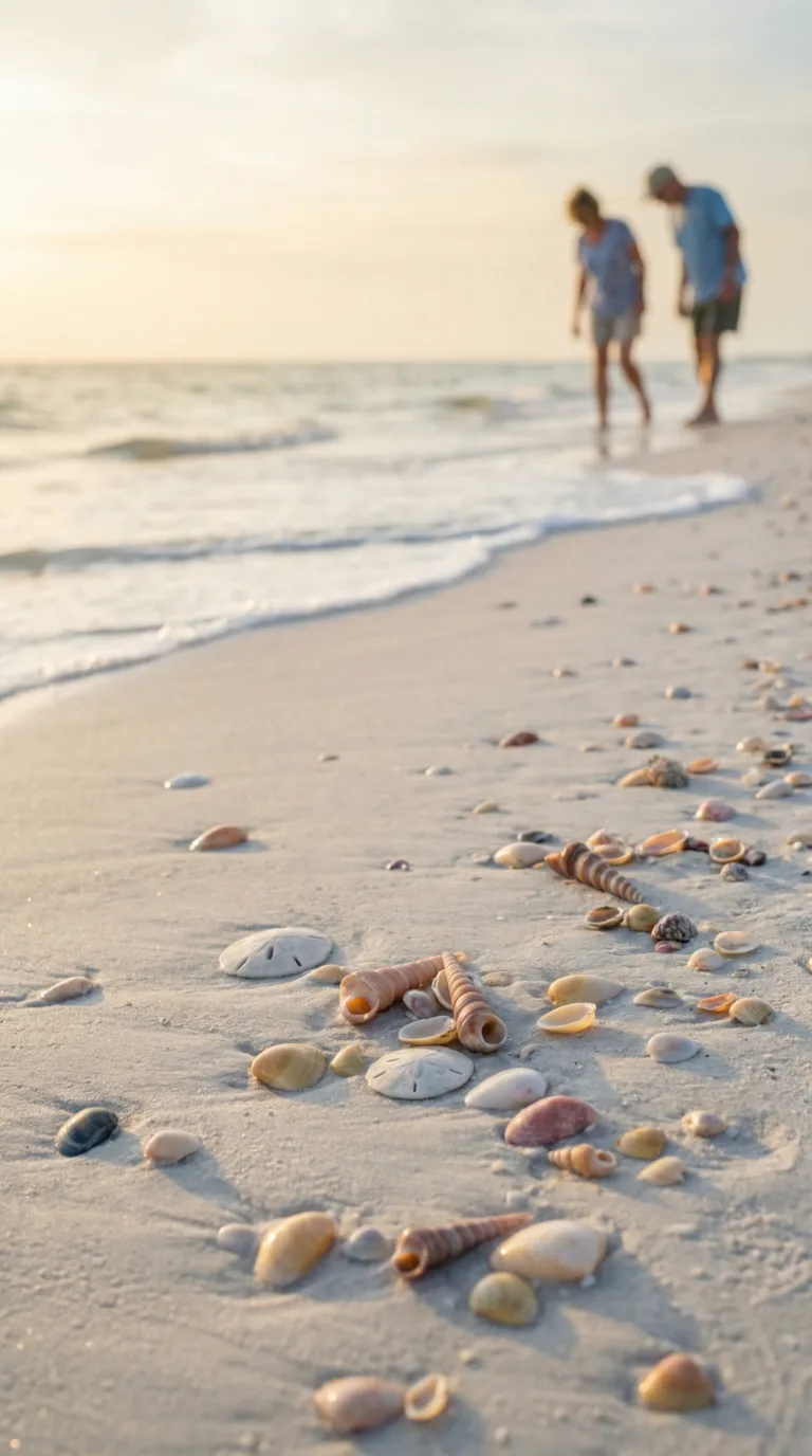 Seashells on Honeymoon Island State Park beach with beachcombers searching the shoreline