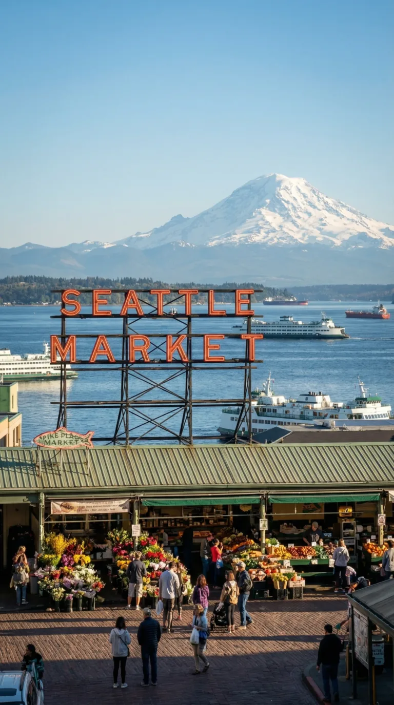 Seattle Pike Place Market with Mount Rainier view
