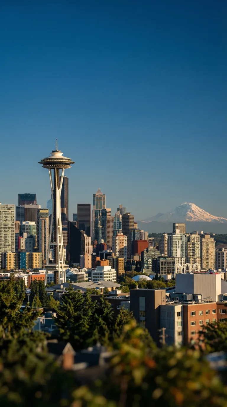 Seattle skyline with Space Needle and Mount Rainier visible in distance