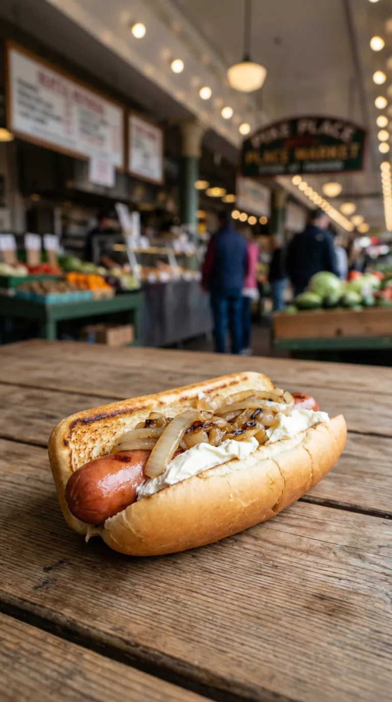 Seattle-style hot dog with cream cheese and grilled onions at Pike Place Market
