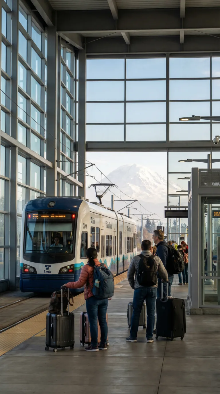 Seattle-Tacoma Airport light rail station with travelers