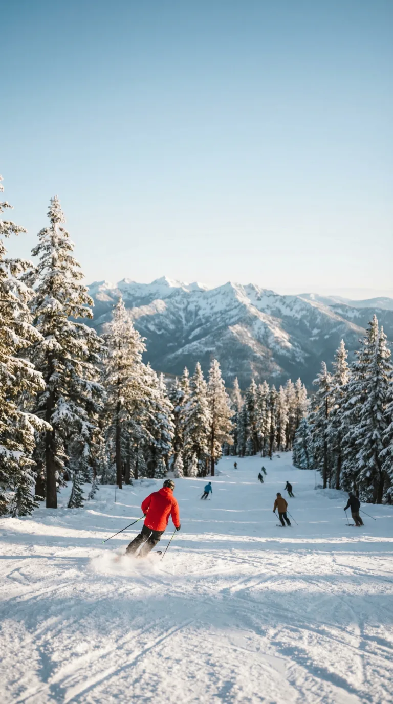 Skiers on Mt Ashland slopes with mountain views in southern Oregon