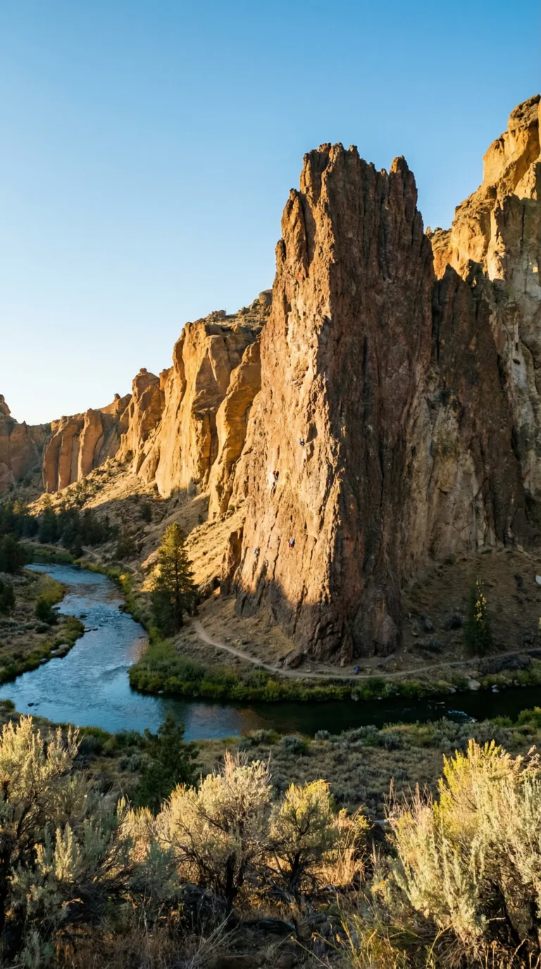 Smith Rock State Park orange cliff formations above Crooked River with rock climbers