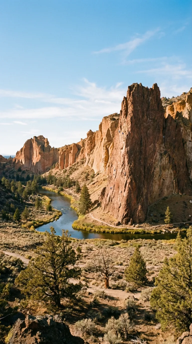 Smith Rock State Park Oregon with rock climbers on orange cliffs above river