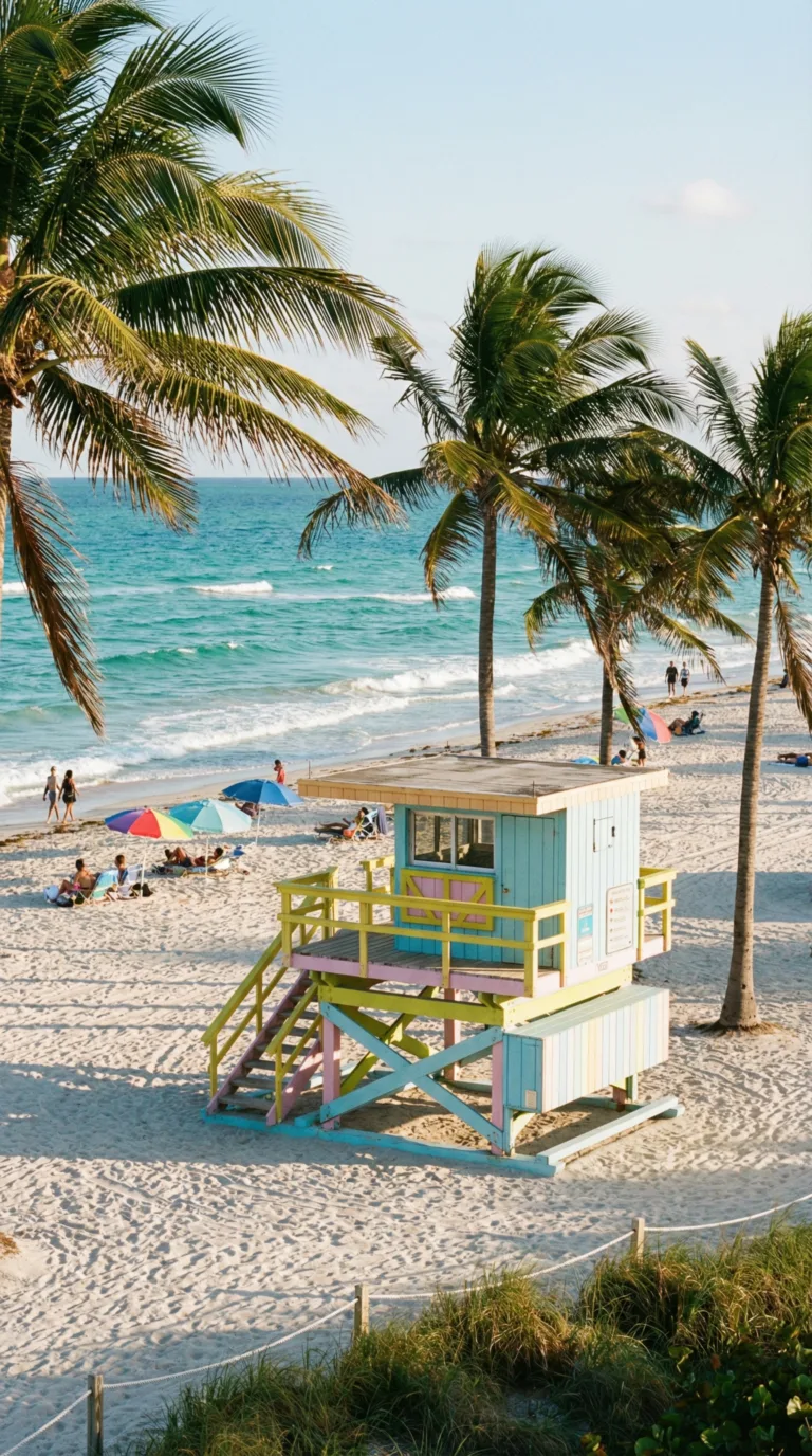 South Beach Miami Beach with iconic Art Deco lifeguard tower and turquoise water