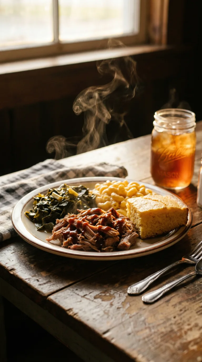 Southern barbecue plate with pulled pork and traditional sides in Tallahassee