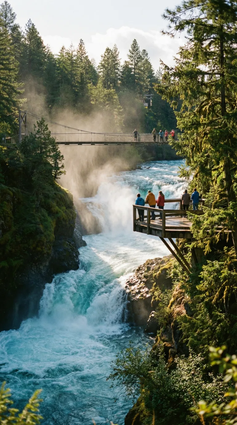 Spokane Falls cascading with visitors on viewing platforms in Riverfront Park