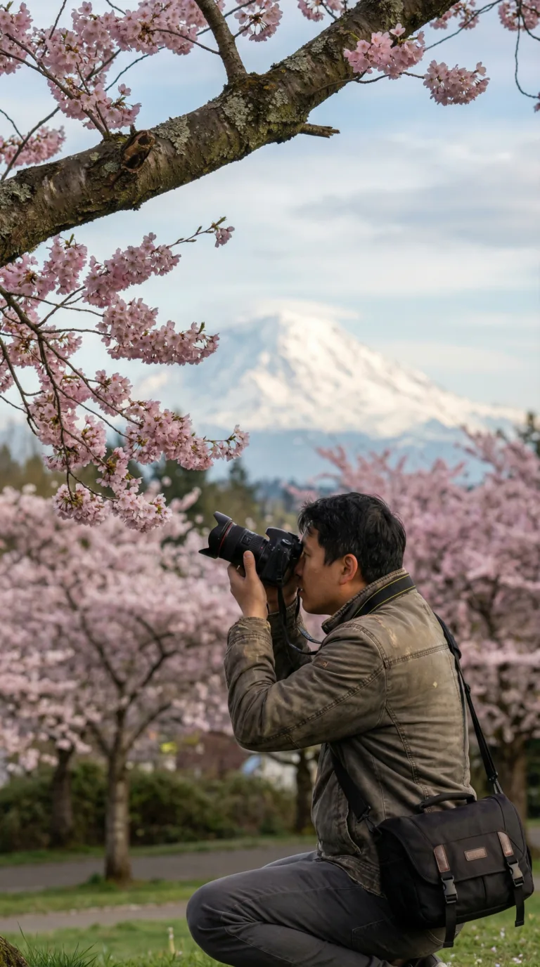 Spring cherry blossoms with Mount Rainier Washington State