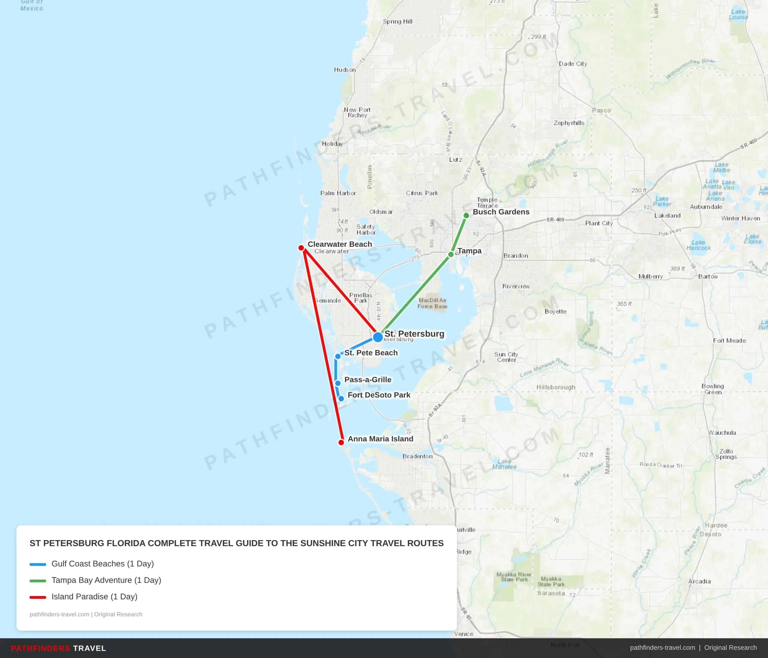 Map showing travel routes for St. Petersburg, Florida: Complete to the Sunshine City with road trip itineraries