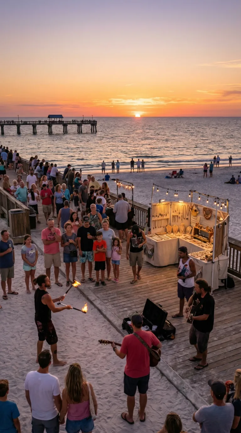 Sunset celebration with performers and vendors at Clearwater Beach Pier 60