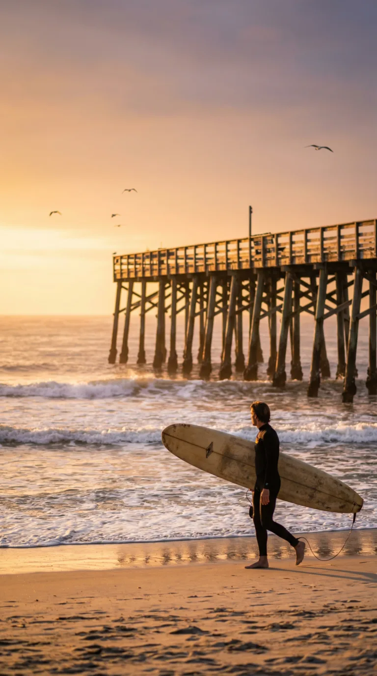 Surfer with surfboard walking on Florida Atlantic coast beach at sunrise with pier in background