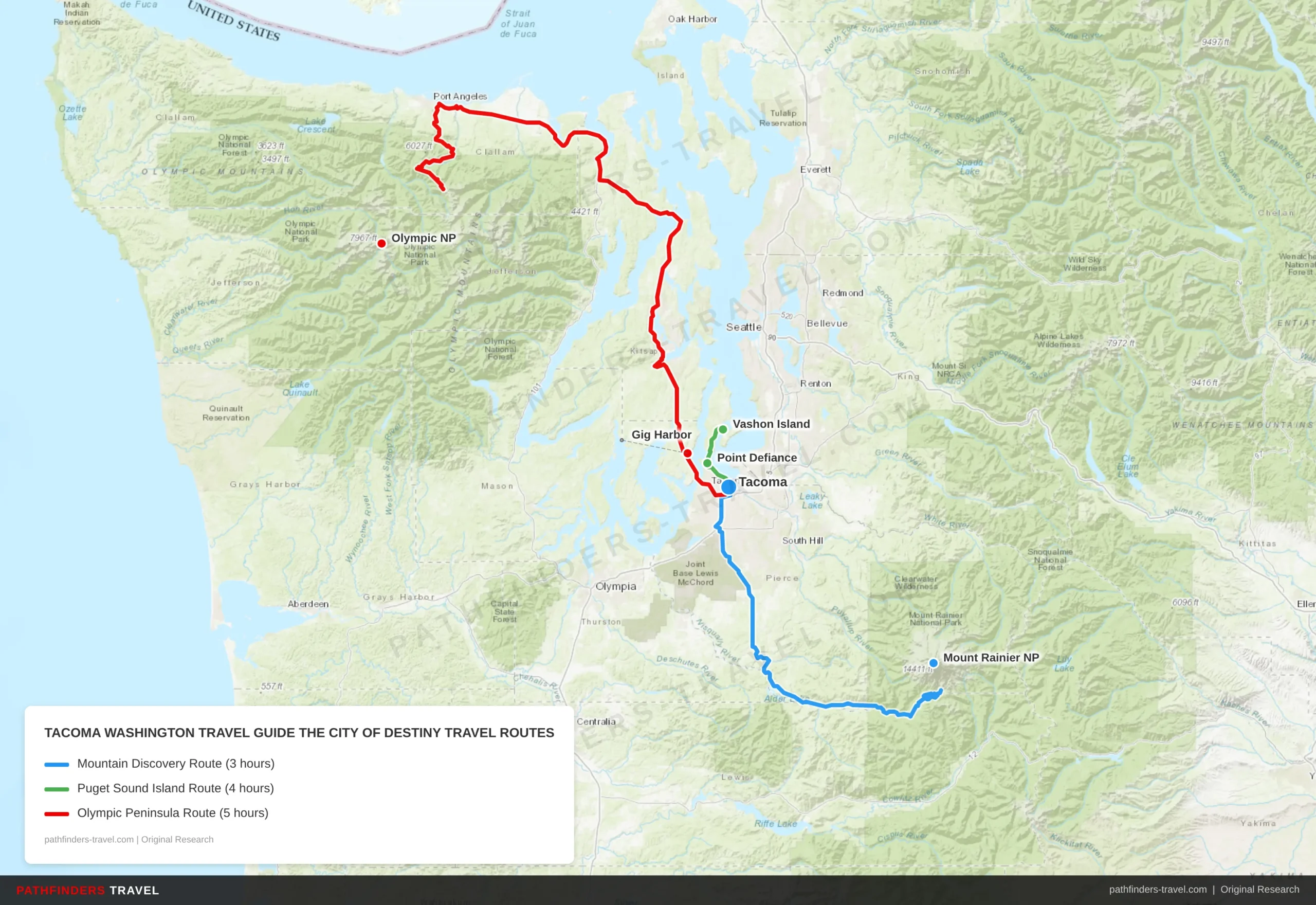 Map showing travel routes for Tacoma, Washington: The City of Destiny with road trip itineraries