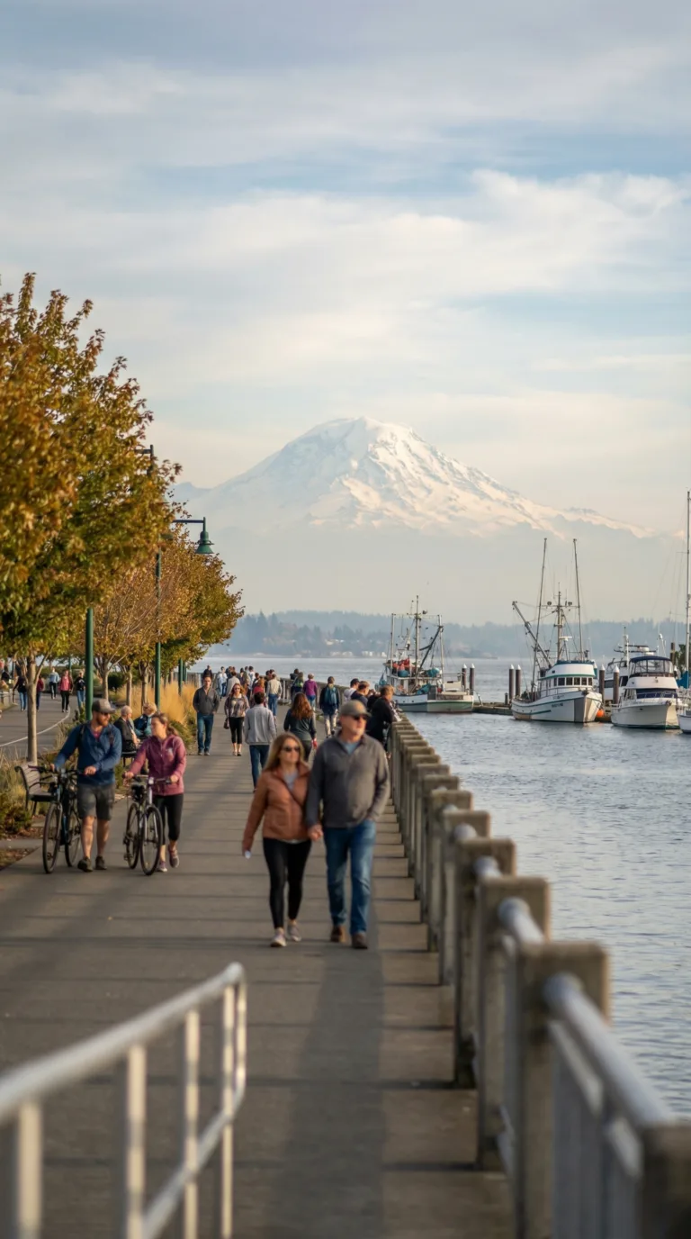 Tacoma waterfront walk with Mount Rainier view in summer