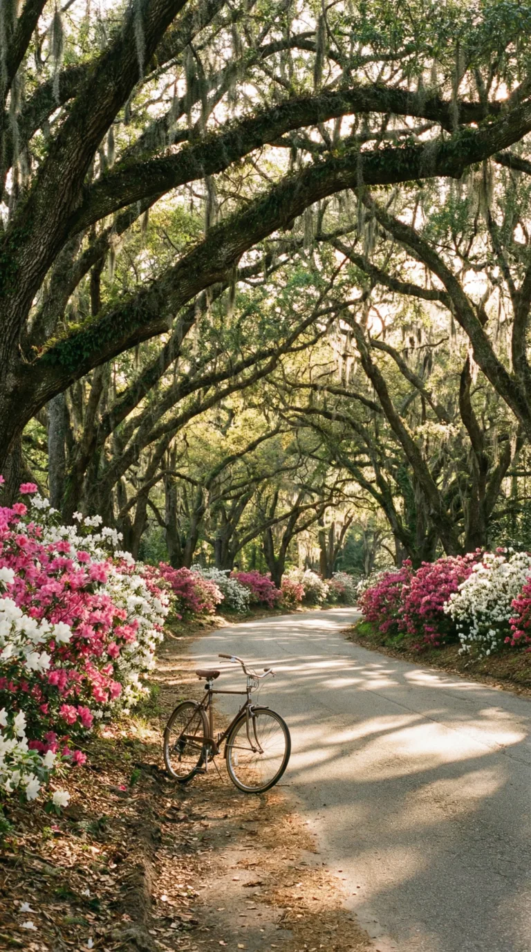 Tallahassee canopy road in spring with blooming azaleas and live oak trees