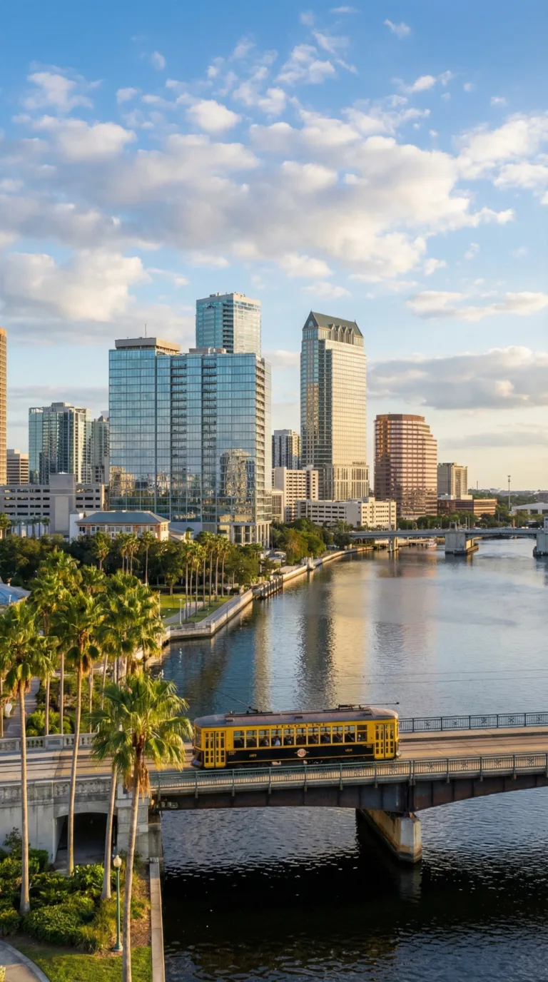Tampa downtown skyline with historic streetcar on bridge over Hillsborough River and palm trees