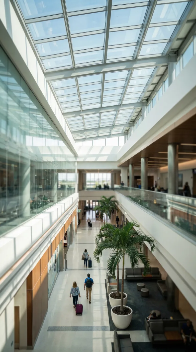 Tampa International Airport terminal interior with glass ceiling and palm trees