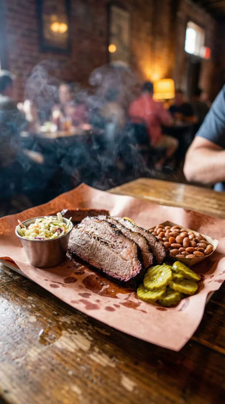 Texas barbecue brisket platter with traditional sides in Fort Worth restaurant
