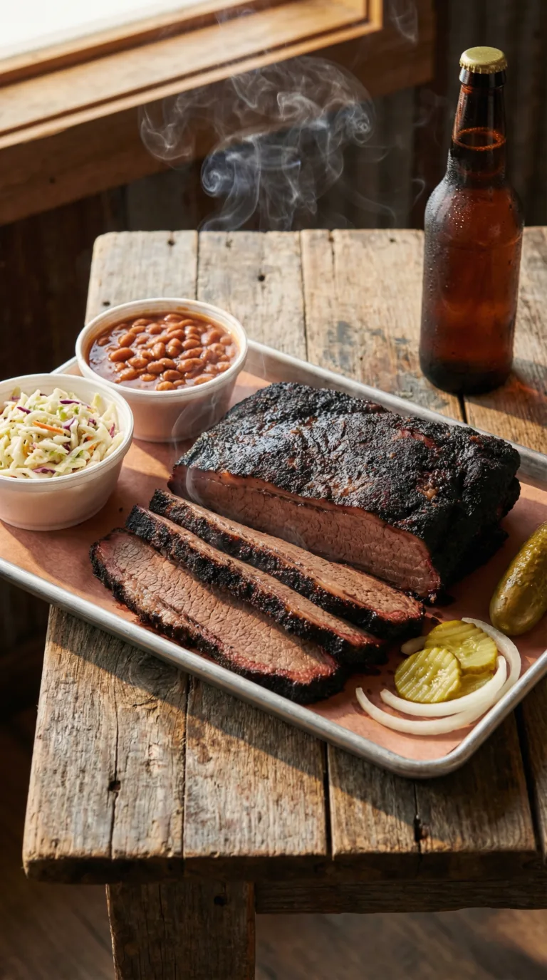 Texas BBQ brisket platter with traditional sides at Houston restaurant