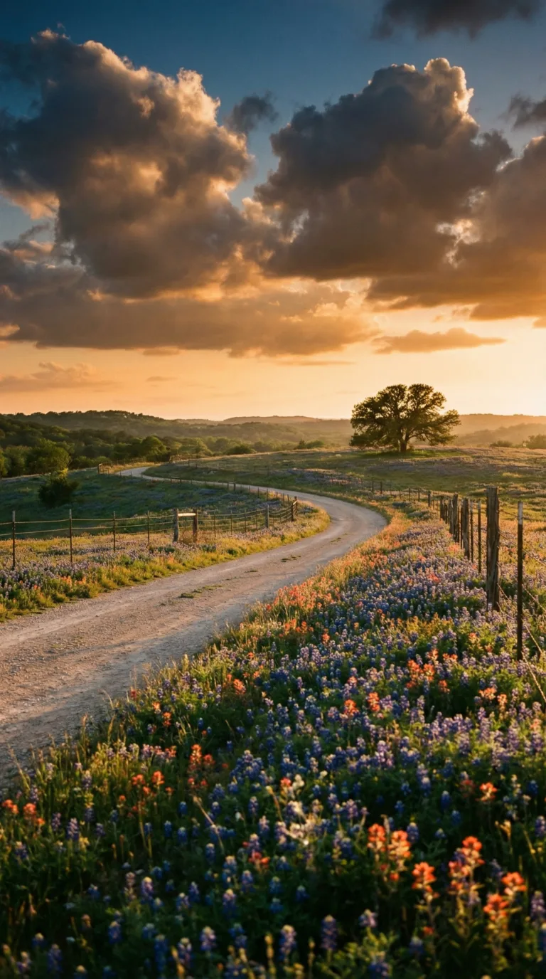 Texas Hill Country landscape with rolling hills and wildflowers at sunset