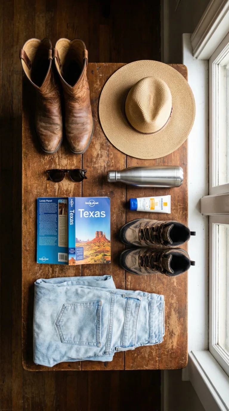 Texas travel packing essentials flat lay with boots hat sunscreen