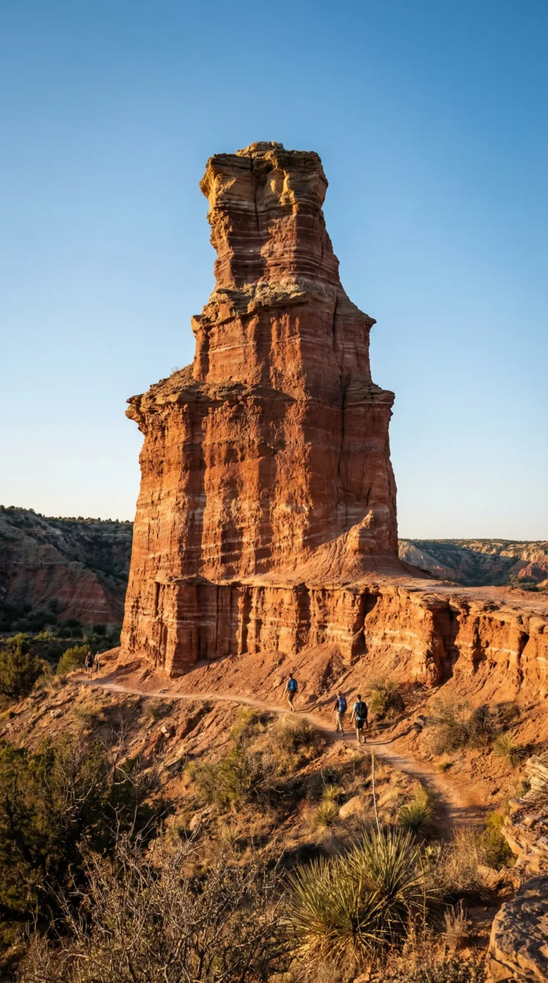 The iconic Lighthouse rock formation towering above hikers on the trail in Palo Duro Canyon