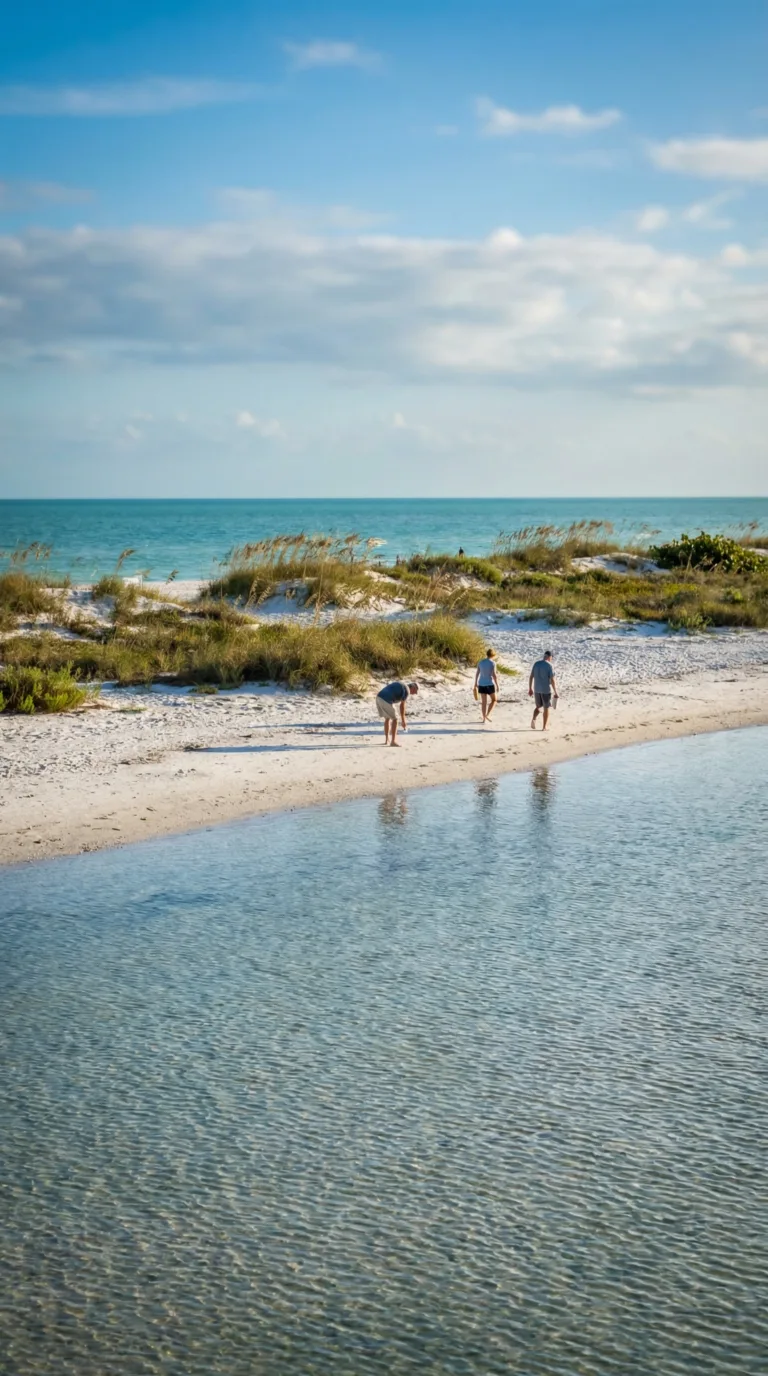 Tigertail Beach Marco Island with shallow lagoon and shell collectors on white sand