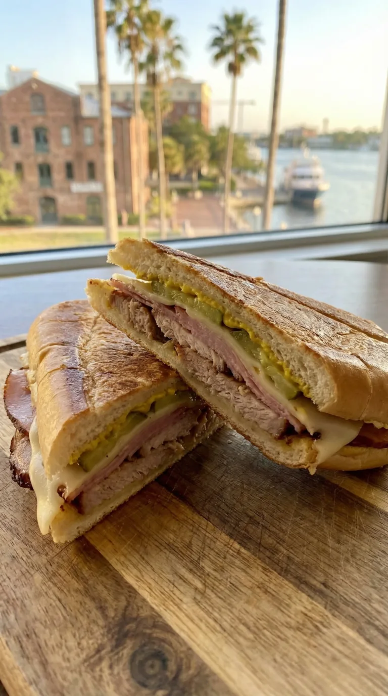 Traditional Cuban sandwich with roasted pork and pickles on wooden board